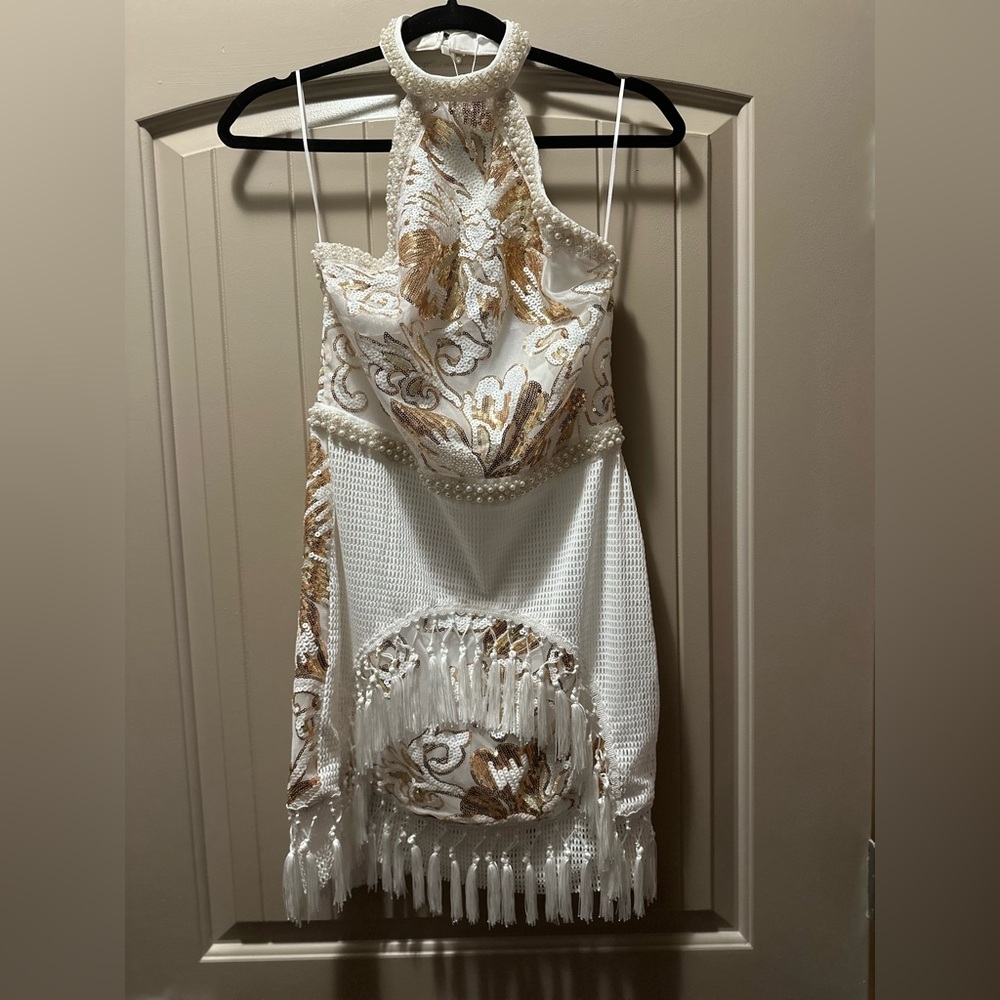 12th Tribe Like Gold Dust White Sequin Fringe Dress
